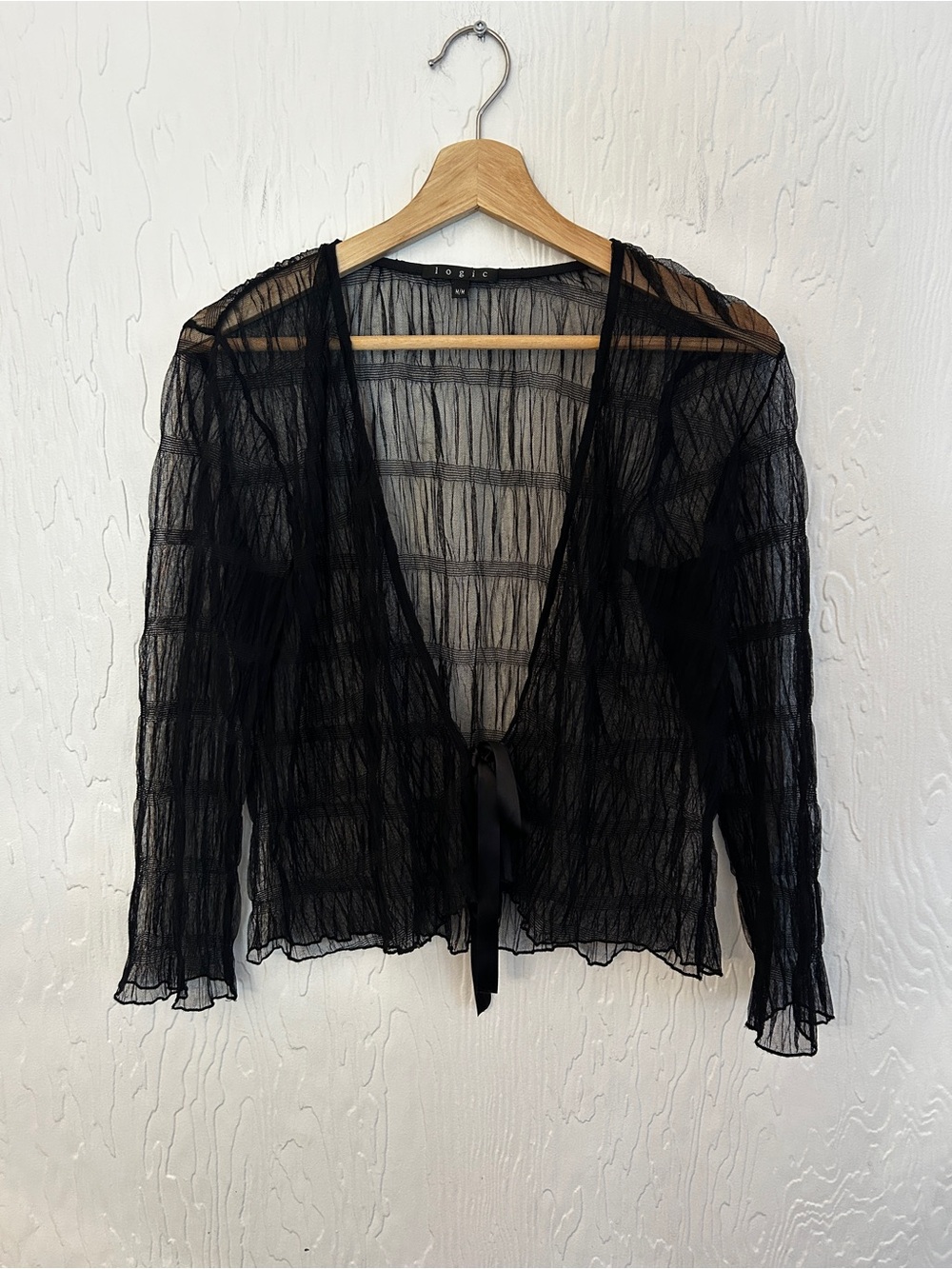 VINTAGE Y2K Sheer Black Tie Front Blouse Medium Mesh Whimsigoth Witch Fairy Chic - Picture 1 of 4